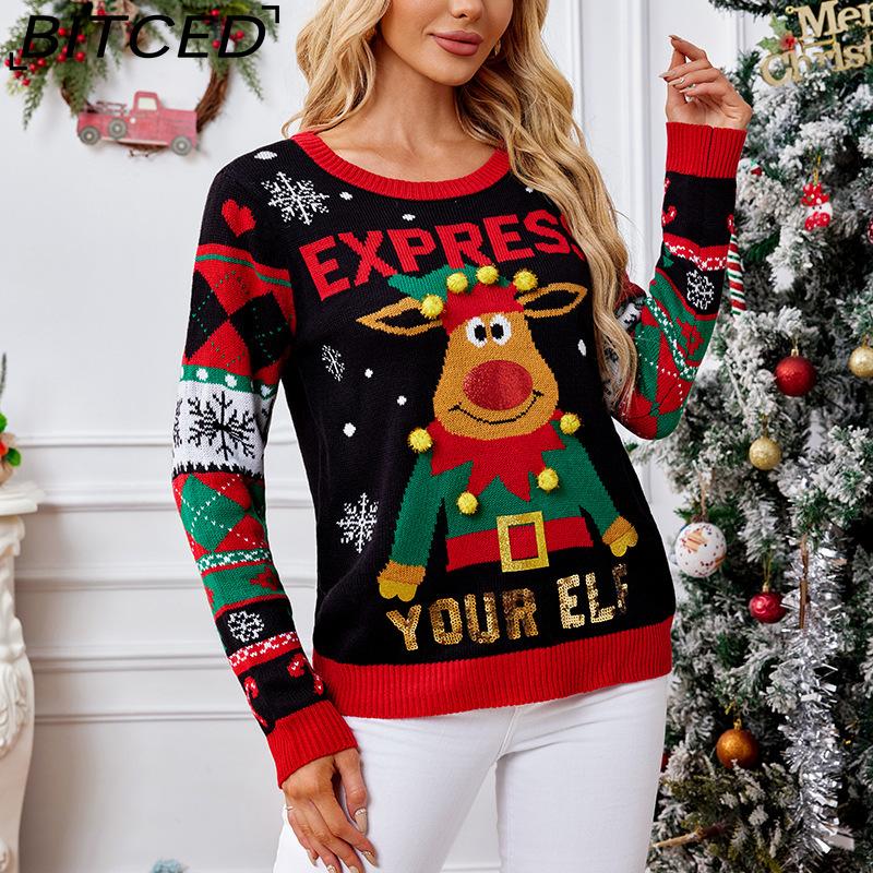 BITCED Fall/Winter Sweater 3D Reindeer with Fuzzy Pom-Poms Christmas Sweater with Sequins and Embroidery O-Neck Knit Top