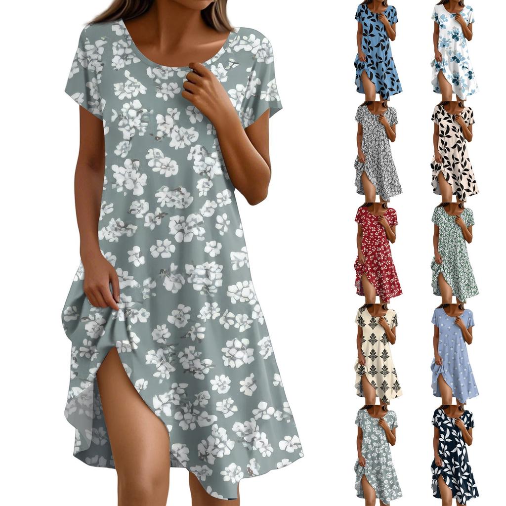 Short Sleeve Boho Dress For Women Casual Loose Fit Summer Sundress Floral Print Dress With Pockets
