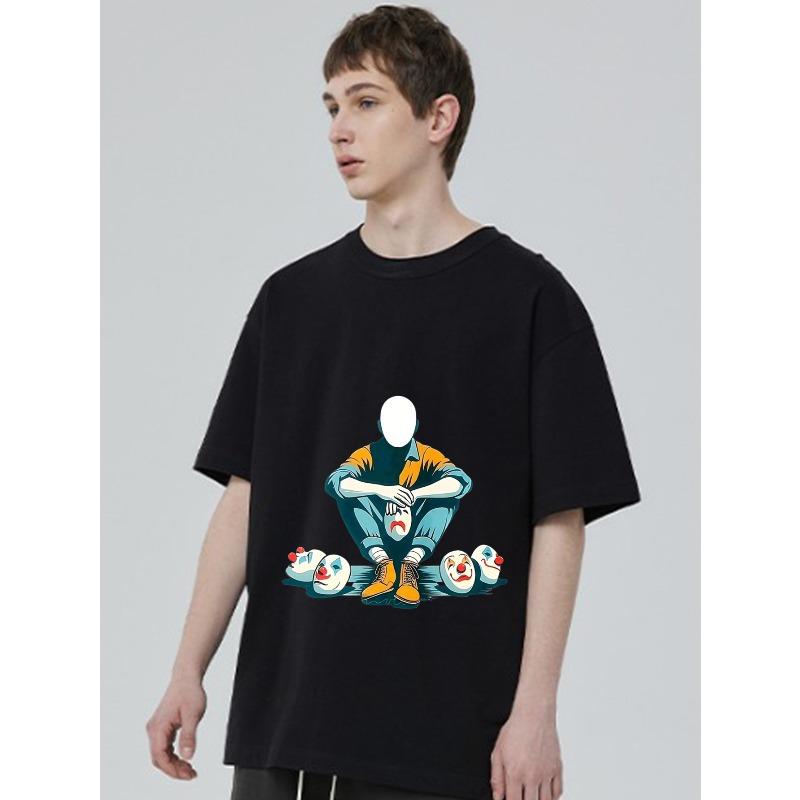 Men's Loose Fit T-Shirt Black Clown Face Graphic Print Casual Streetwear Fashion Top For Everyday Wear