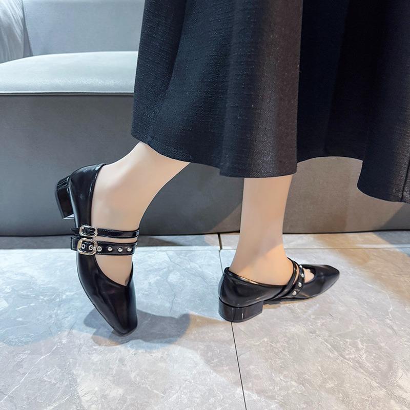 Fashion 2025 New Spring Autumn Women Double Buckle Shoes Leather Square Head Square Heel Solid Color Women's Shoes