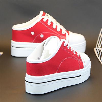 Весенние дышащие парусиновые белые туфли женские на платформе с увеличивающей рост стелькой 8 см без каблука полутапочки ленивые туфли для студентов