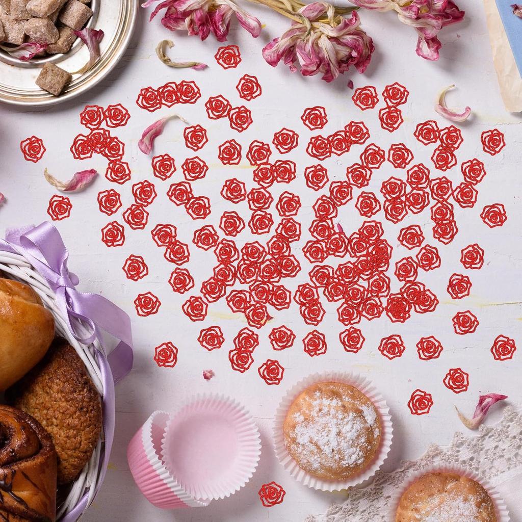 Rose Flower Confetti Red Glitter, Women Mom Birthday Table Confetti, Wedding Anniversary Paper Scatter, Engagement Show Love Party Table Decorations,