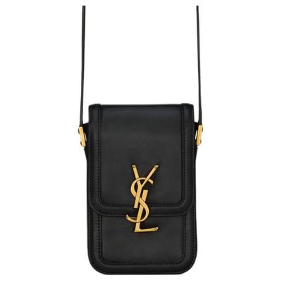 Ysl Solferino Золотой Логотип Буквой Застежка-Кнопка Гладкая Кожа Мини Сумка Кроссбоди Мужские Сумки Черный 753963-BWR0W-1000