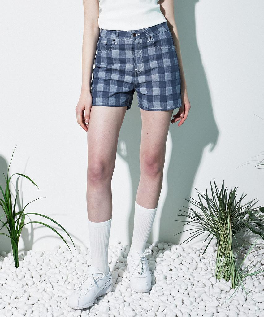 MAGOODGAN Minute 7933 Apron Check Indigo Shorts Hot Pants