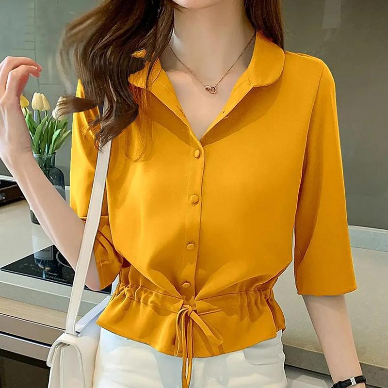 WTEMPO Spring Summer Women's Versatile Solid Color Turn-down Collar Half Sleeve Chiffon Shirts Casual Shirring Single-breasted Blouses