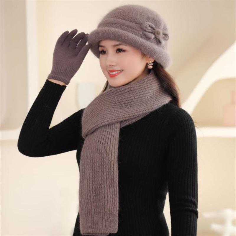 Women's Trendy Korean Style Knit Rabbit Fur Hat and Thick Scarf Set for Autumn/Winter