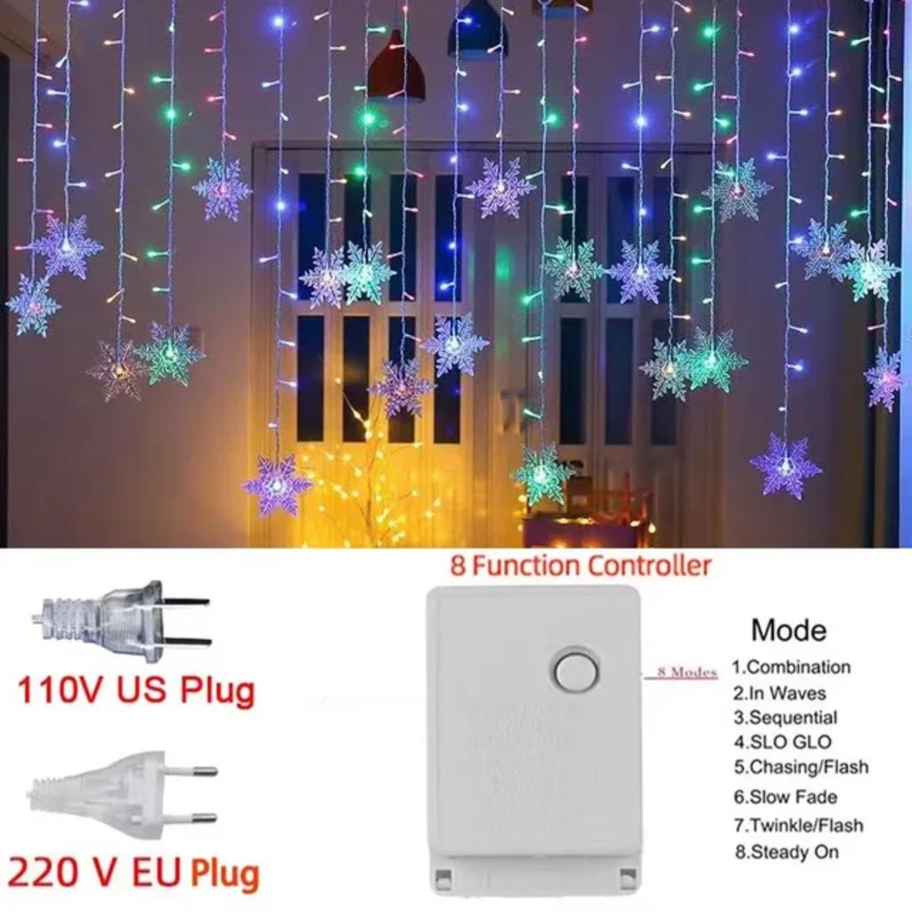 New 3M Christmas Light  Snowflake Curtain Icicle Fairy String Lights Outdoor Garland  Party Garden 2024  Year Decoration