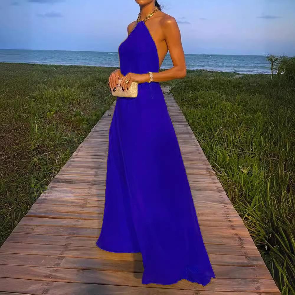 IHUASU Летнее сексуальное однотонное платье с бретелькой на шее, открытой спиной и длиной до пола