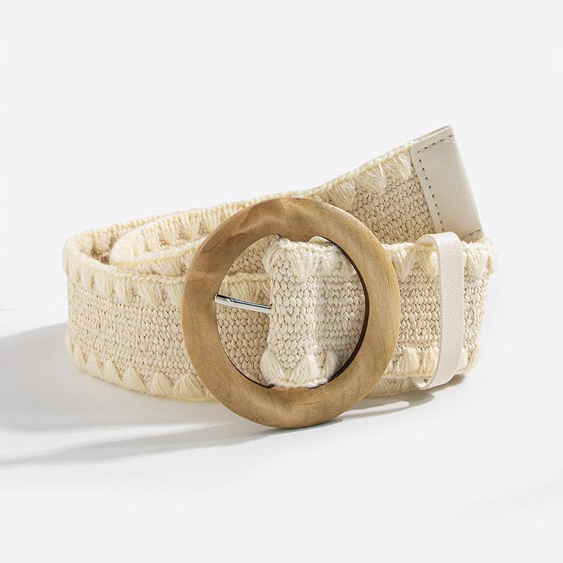 Богемный пояс, Женский плетеный из соломы шерстяной декорированный круглый деревянный пряжкой эластичный пояс, Пояс в стиле натурального отдыха