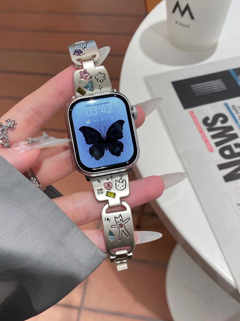 Cute Cat Glossy Metal Band For iWatch Ultra 9 8 7 42mm 45mm 49mm Diamond Bracelet Strap For Apple Watch 38mm 40mm 41mm 6 5 SE 4