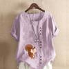 Women's Fashion Squirrel Prined Round Neck Short Sleeve T-shirt Casual Cotton Linen Graphic Shirt Leisure Loose Summer Blouse Tops