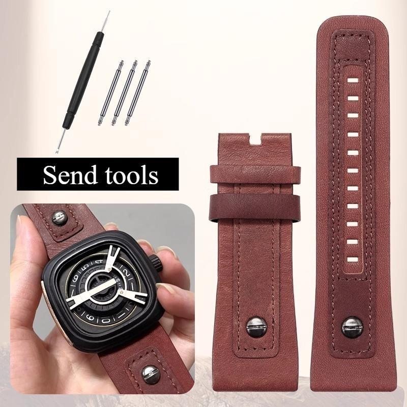 28mm Genuine leather watch strap men for SEVENFRIDAY M2 P3C 02 P1B 01 Q2 03 V2 01 retro cowhide watchband with rivets