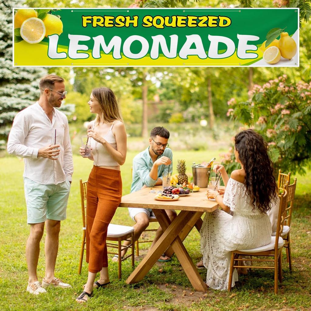 2 x 10 ft Lemonade Sign Vinyl Banner Fresh Squeezed Lemonade Stand Supplies Lemon Flag for Indoor Outdoor Business Restaurant Advertising Banner
