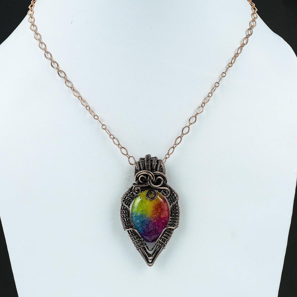 Радужный солнечный кварц друзы кулон драгоценный камень медная проволока обернутый кулон медные украшения солнечный кварц ювелирные изделия подарок ручной работы кулон для женщин