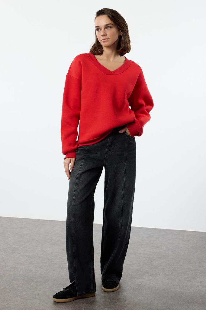 Женский модный стильный свитшот, черный базовый свитер оверсайз с v-образным вырезом, широкий крой, толстый флисовый вязаный свитшот внутри