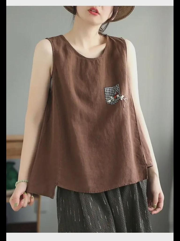 Женская свободная майка из хлопка и льна: Универсальный ретро-топ без рукавов для лета