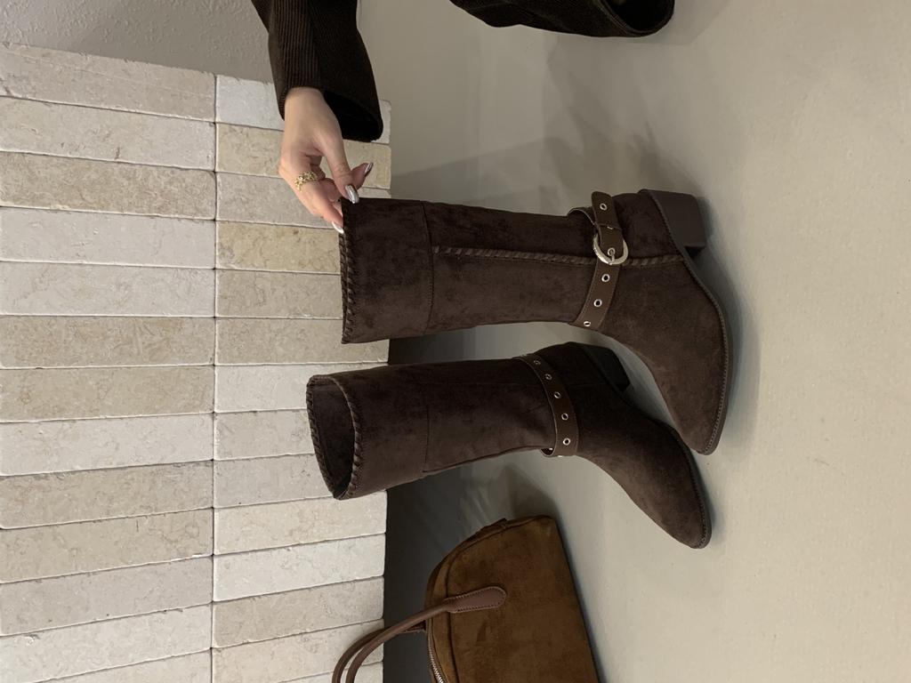 Retro Stacking Boots 2025 Autumn and Winter New Thick Heel Buckle Western Cowboy British Style Knight Boots Casual Mid Boots