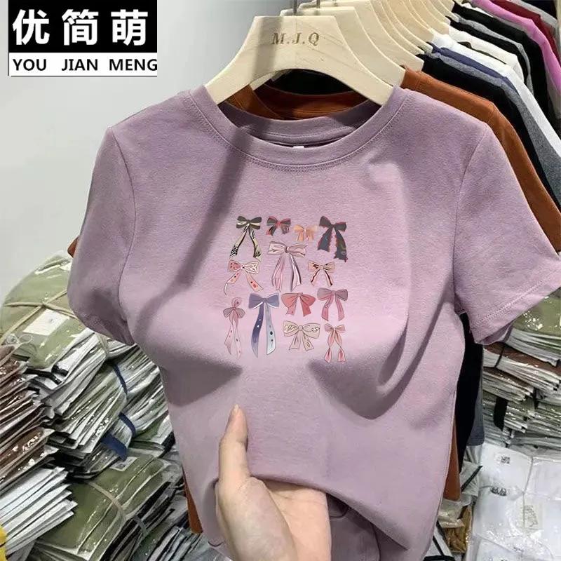 Women Multi Bowknot Graphic Crew Neck Short Sleeve Casual T-shirt