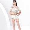 Spring Summer Print Pant Outfits Women Stand Collar Lantern Sleeve Shirt+ Shorts Two Piece Set With Belt