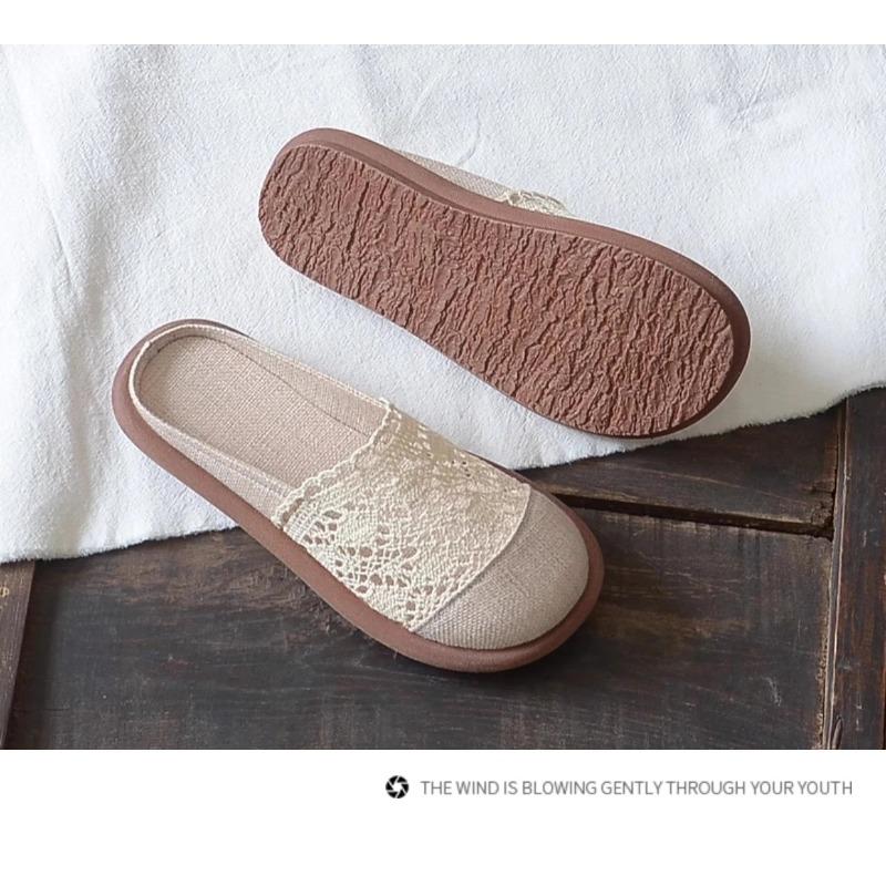 Мода 2025Женские художественные бохо сандалии из кружева и сетки - Винтажный ретро стиль, Универсальные мюли с закрытым носком и ремешком на пятке с вырезами