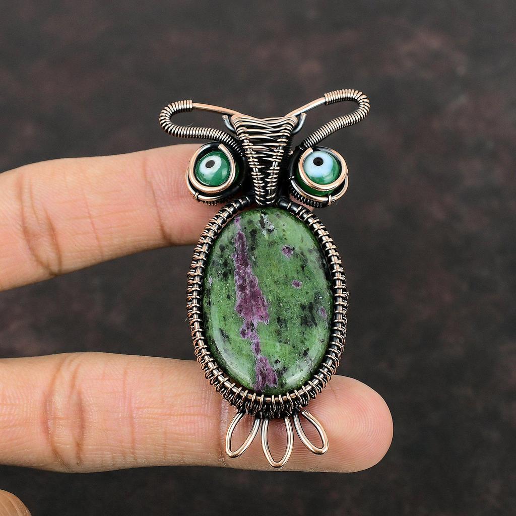 Подвеска из рубиновой меди и цоизита, зеленая подвеска от сглаза, подвеска из драгоценного камня в виде проволоки, ручная работа, медные украшения, подарок для матери, подвески в виде совы