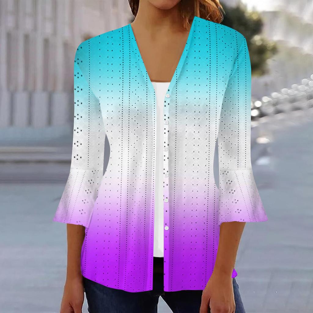 Женская мода свободный повседневный принт с рукавом три четверти рубашка на пуговицах кардиган топ