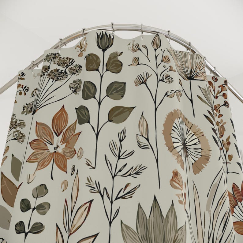 Earthy Botanical Shower Curtain - Delicate Wildflowers & Foliage, Harmonious Pattern
