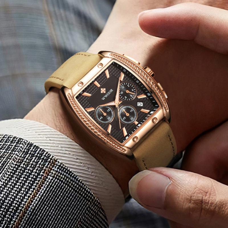 WWOOR Модные квадратные мужские часы с ремнем Кварцевый механизм Премиум водонепроницаемые мужские часы