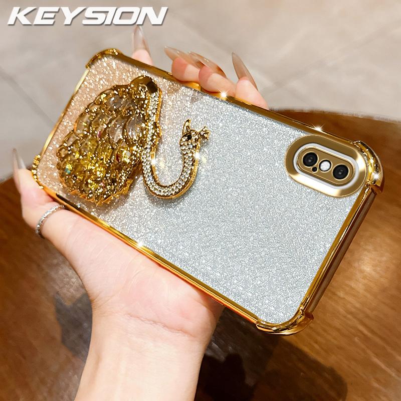 KEYSION Противоударный чехол с гальваническим покрытием для iPhone XS Max Прозрачный ТПУ с блестками, инкрустированный драгоценными камнями лебедь, подставка, задняя крышка для iPhone X XR