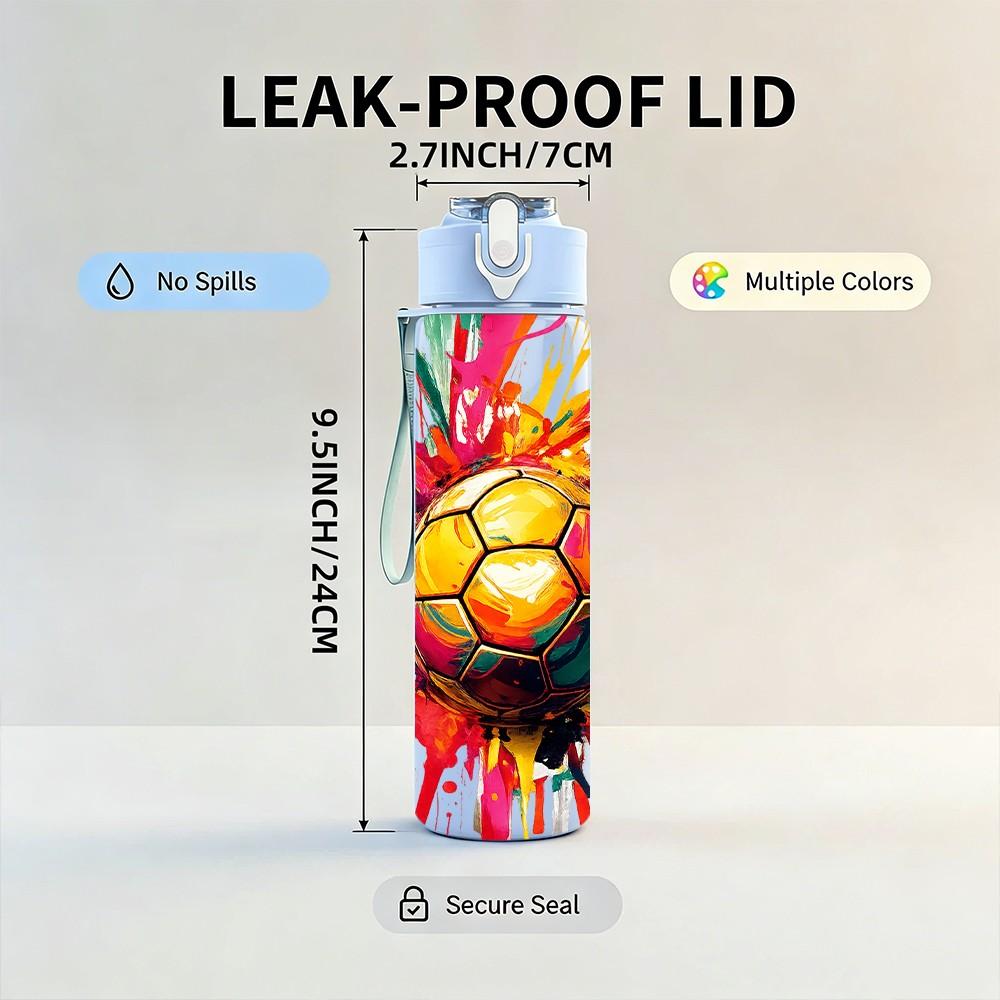 1PC Soccer Ball Color Splash Sports Print 750ml Color Plastic Sports Water Bottle Leakproof Flip Straw Lid Suitable for Sports Office Home Use