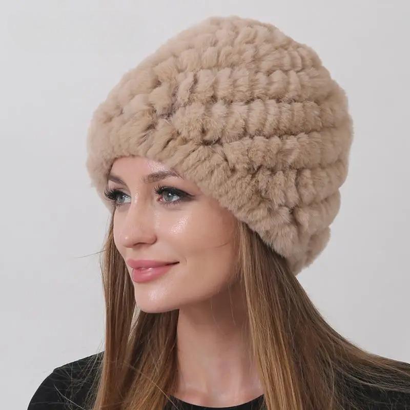 Новая теплая шапка из натурального меха Зимняя женская шапка из меха кролика рекс Толстая подкладка в два слоя Уличная женская шапка-бини Шапки круглой формы Ананас