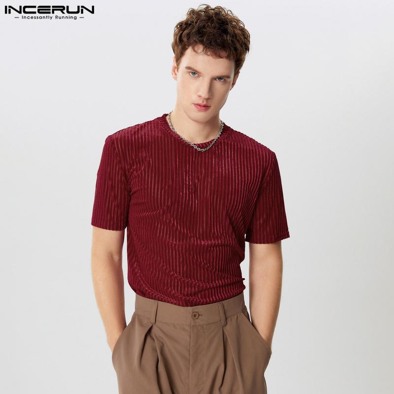 INCERUN Летние мужские футболки с коротким рукавом и круглым вырезом, повседневные блестящие футболки