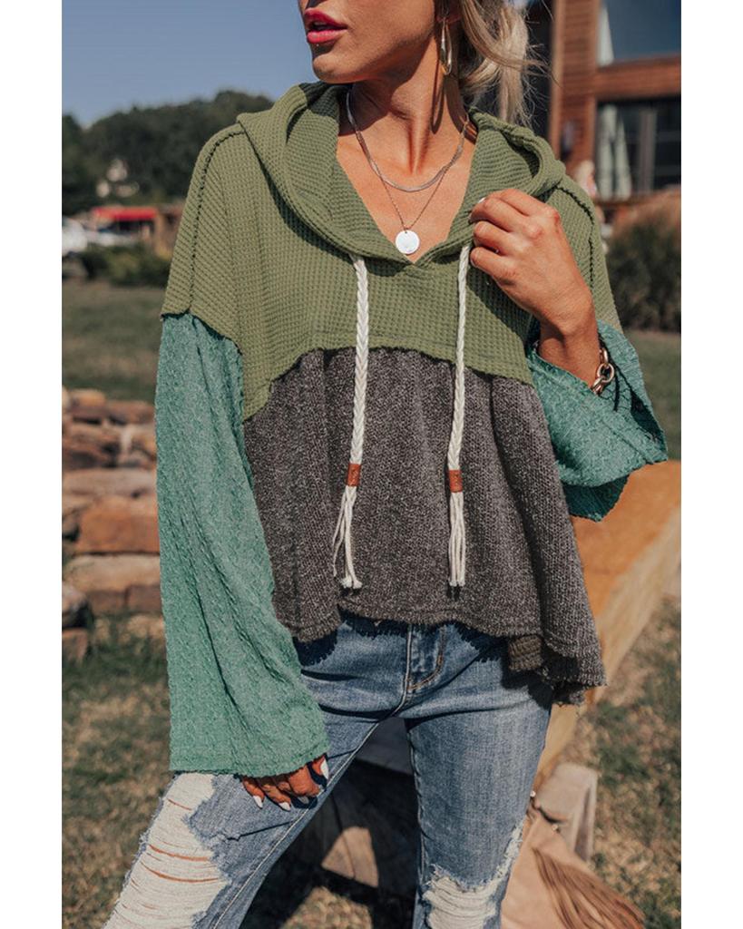 Azura Exchange Лаврово-зеленый смешанный текстурированный цветной пэчворк с широкими рукавами, потертостями, высоким и низким вырезом, капюшоном