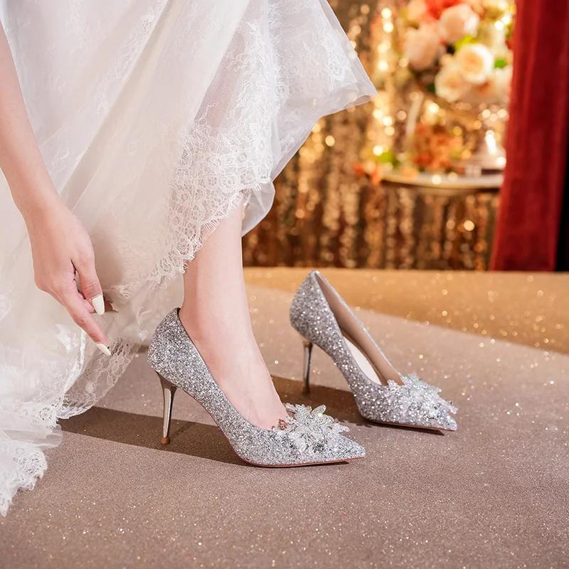 Spring Ladies Pumps Luxury Sequins Crystal Butterfly High Heel Single Shoes Women Dress Banquet Wedding Shoes