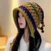 Autumn and Winter Color Fringed Ball Lace-up Ear Cap Handmade Women's Thermal Headgear Hollow Knitted Wool Hat