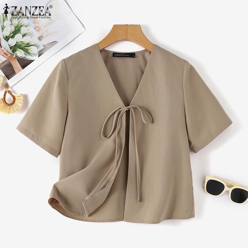 ZANZEA Женская повседневная блузка-кардиган с V-образным вырезом и коротким рукавом на шнуровке