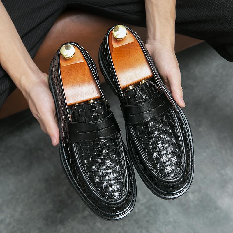 Luxury Brand Black and Brown Woven Tape Loafers Men Slip-On Classic Style Casual Leather Shoes Thick Sole High Quality Moccasin