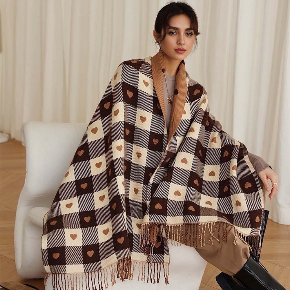 Long Heart Thickened Scarf Acrylic Fibers Tassel Shawl Large Plaid Knitted Scarf Autumn