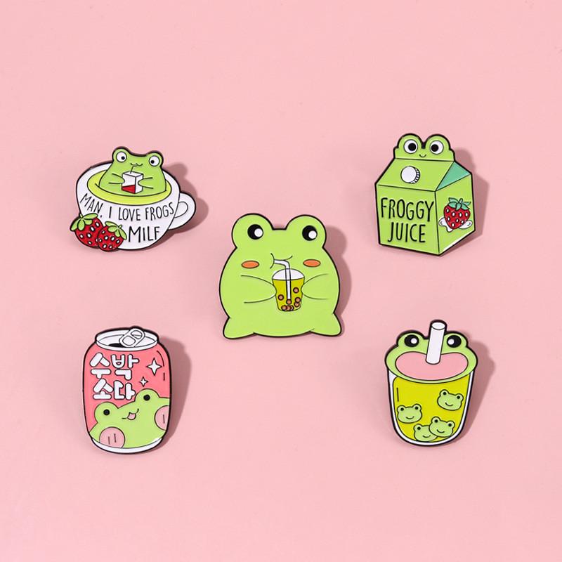 Adorable Cartoon Frog Milk Tea Cute Animal Brooch Alloy Pin For Everyone Stylish Accessory
