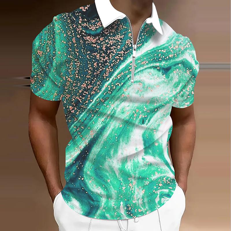 Мужская рубашка поло повседневная на молнии с коротким рукавом модная повседневная на молнии лето весна стандартный крой 3D мраморный принт рубашка