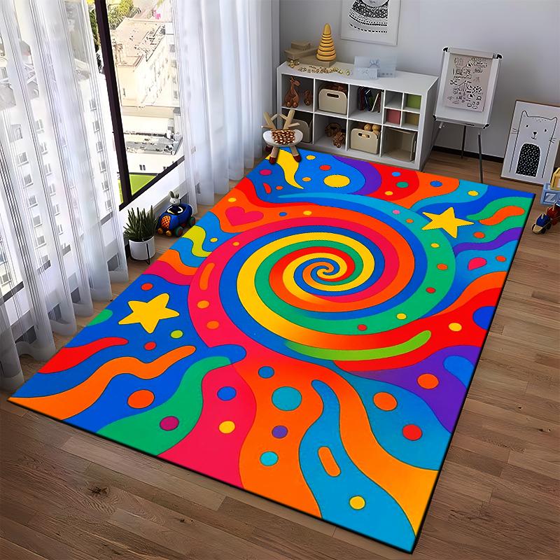 Colorful Spiral Pattern Carpet with Stars, Hearts, and Vibrant Design Suitable for use as an anti-slip for living room bedroom sofas