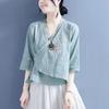 2024 Women's Chinese Style Zen Cotton-Linen Embroidered Slant-Breasted Mid-Sleeve Lace-Up Top