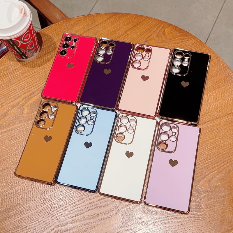 Solid Color Love Heart Print Slim Case For Samsung Galaxy S25 Ultra S24 FE S23 S22 S21 A16 A55 A15 A35 A25 A14 Plating TPU Soft Shockproof Phone Cover