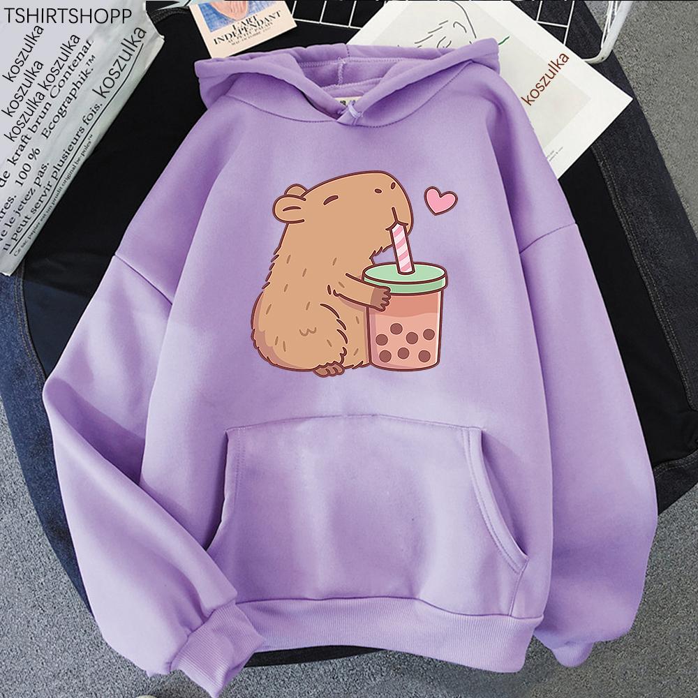 Толстовка с капюшоном Kawaii Bubble Tea Capybara унисекс/унисекс эстетическая графика смешные толстовки унисекс осень-зима Harajuku пуловеры толстовки