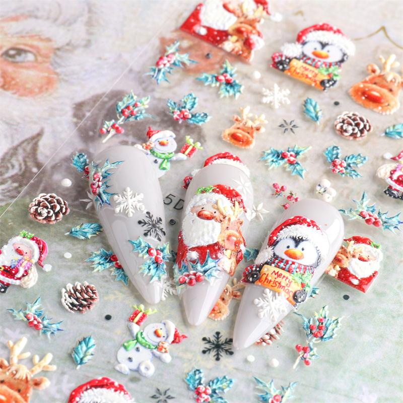 5D Nail Art Stickers Embossed Snowflake Snowman Bird Pattern Christmas Nail Stickers Nail Art Decor Decals