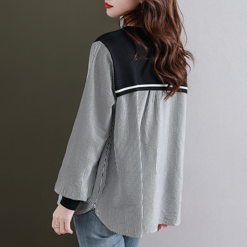 Весенний новый стиль слегка толстого Mm Design и поддельный двухсекционный полосатый свитер, который сделает вас стройнее, топ с круглым вырезом и длинными рукавами