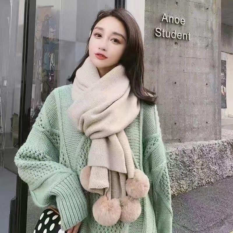 Scarf Winter New Korean Version Baiqiu Winter Solid Color Student White Hanging Ball Knitted Wool Winter Girl Scarf