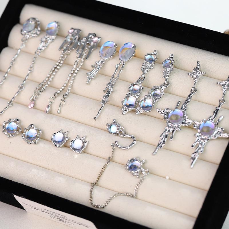 Женские модные асимметричные серьги-пусеты с лунным камнем и опалом - крутая модная бижутерия с серебряной иглой