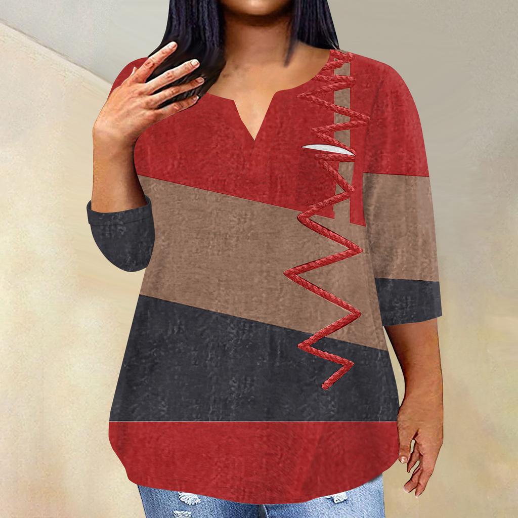 Женский модный повседневный пуловер с рукавами три четверти и V-образным вырезом с принтом, топ с рукавами 4/3