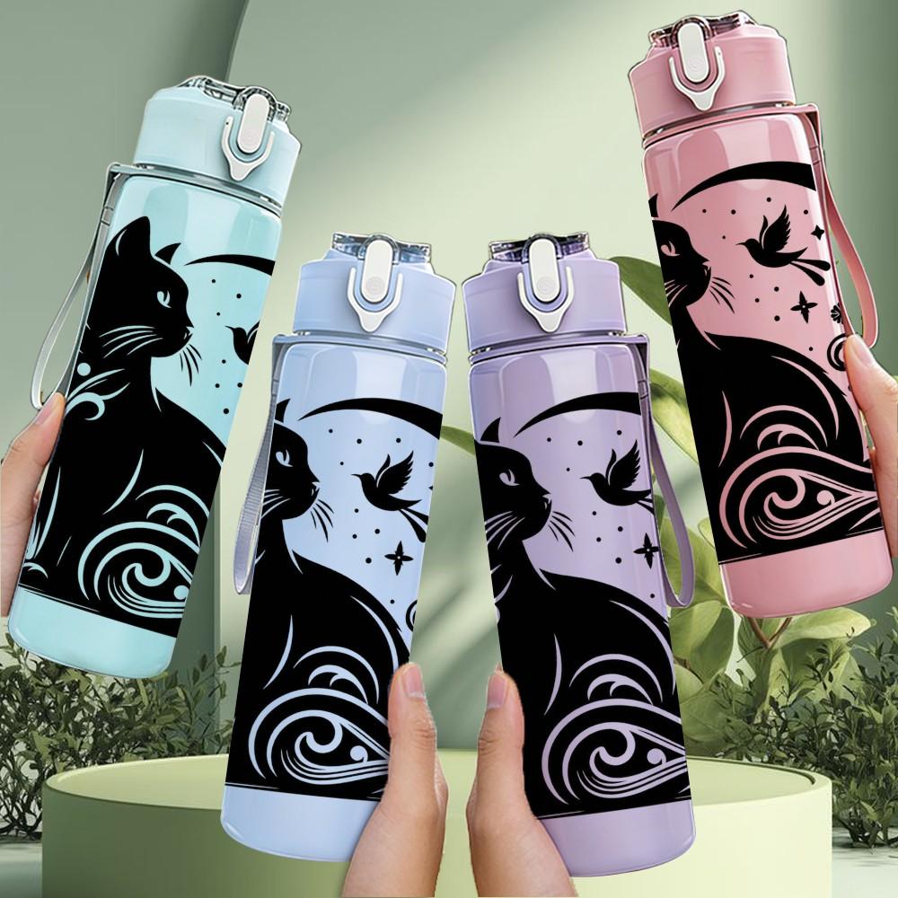 1PC Stylish Black Cat Silhouette Pattern 750ml Color Plastic Sports Water Bottle Leakproof Flip Straw Lid Suitable for Sports Office Home Use